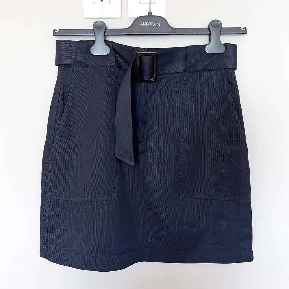 Massimo Dutti Black Linen Viscose Blend A-Line Skirt Belt Buckle Pockets US6